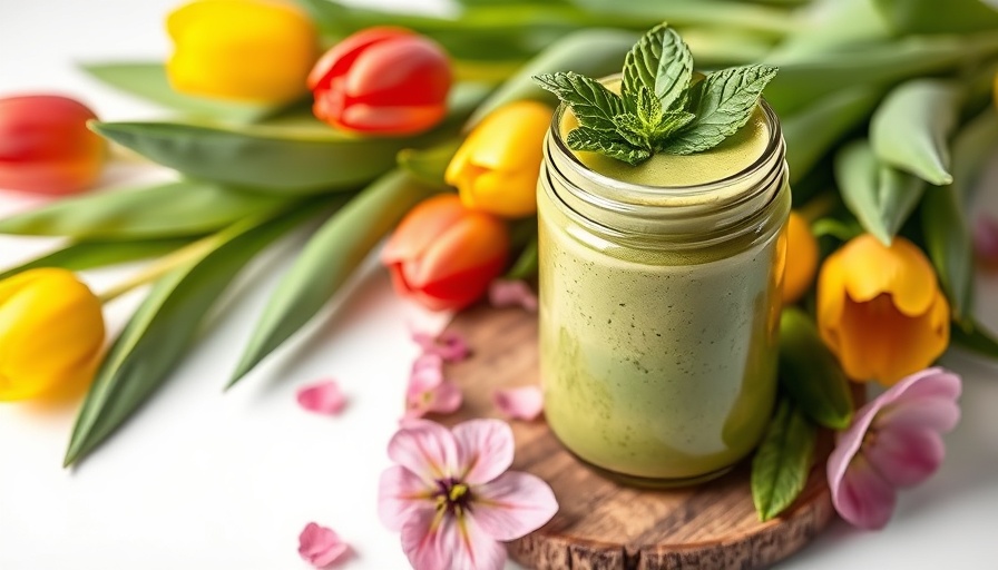 Mint matcha smoothie in a jar with mint and flowers.