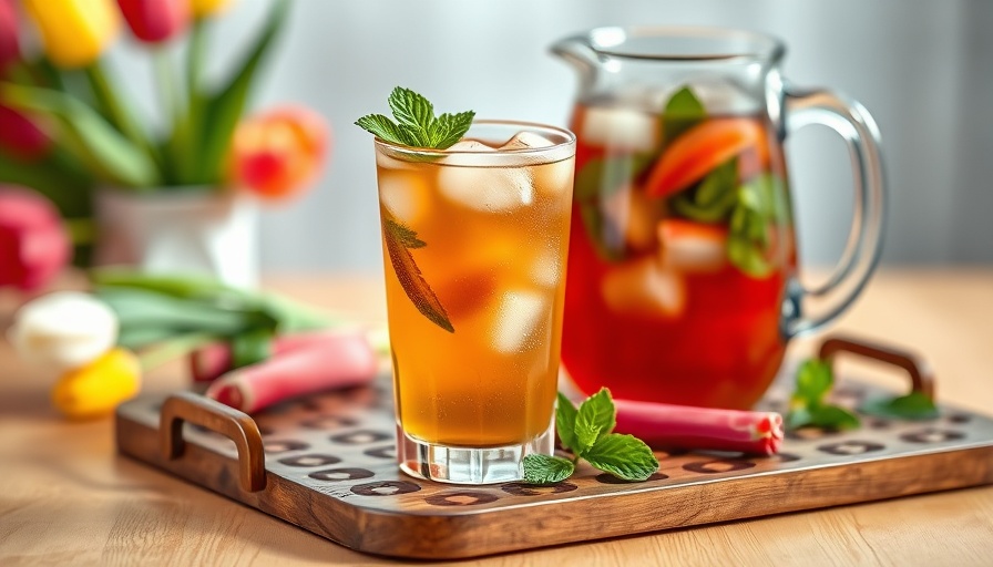 Rhubarb iced green tea with mint on wooden tray, bright and refreshing.