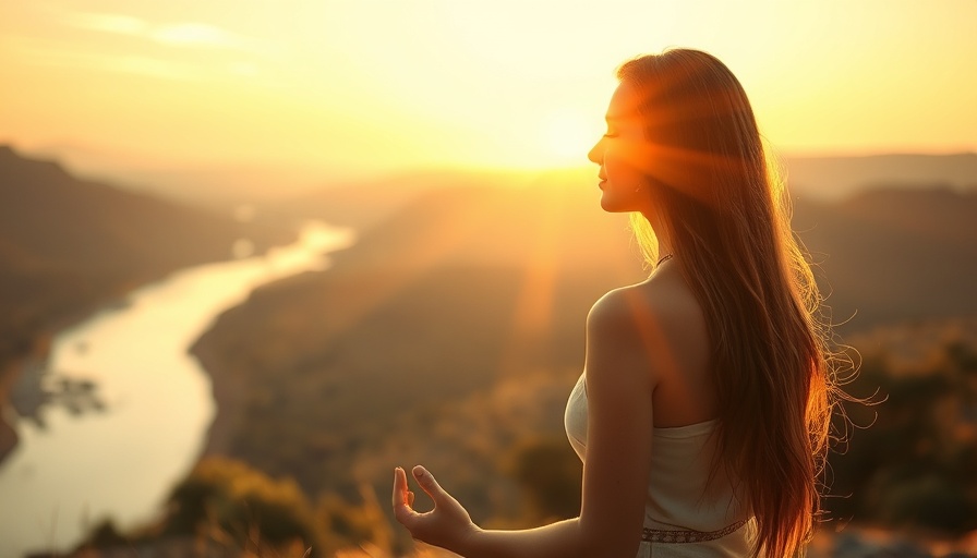 Serene woman meditating at sunset, showing meditation and mental health benefits.