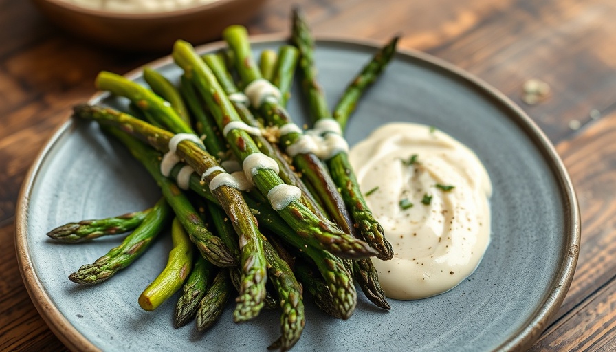 Freshly charred asparagus with garlic tahini sauce on rustic plate, emphasizing health benefits.