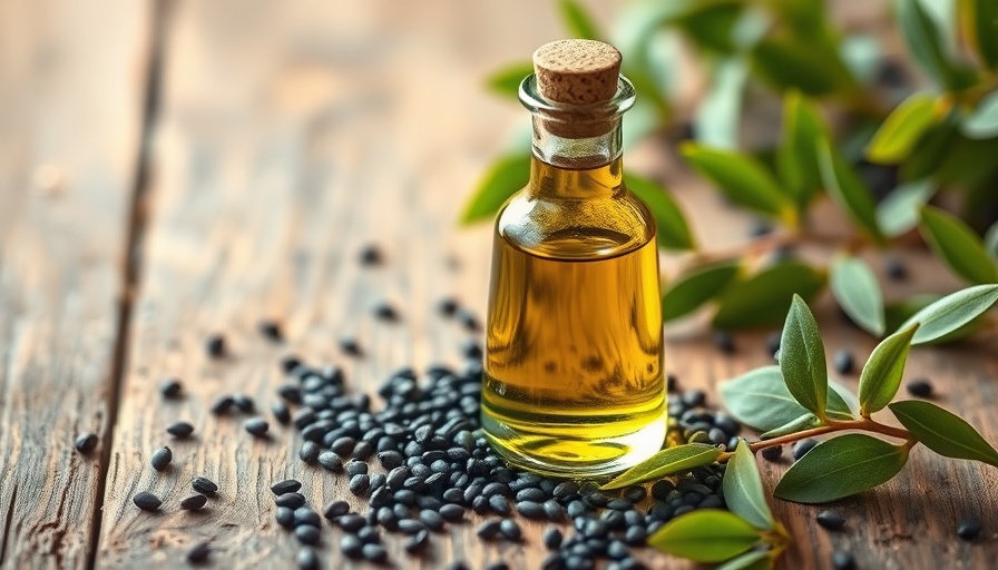 Elegant bottle of black seed oil on rustic table.