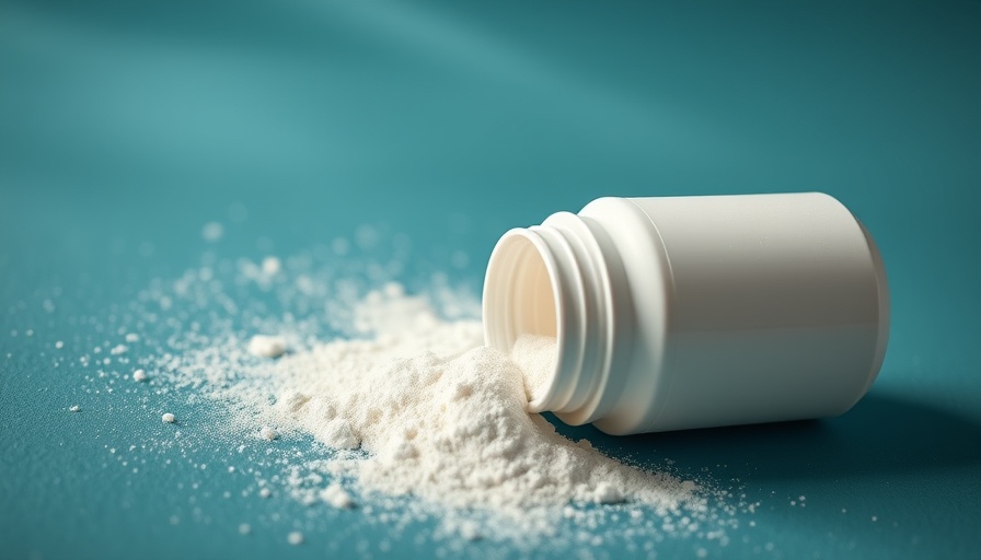 White talcum powder bottle spilling powder on teal surface.