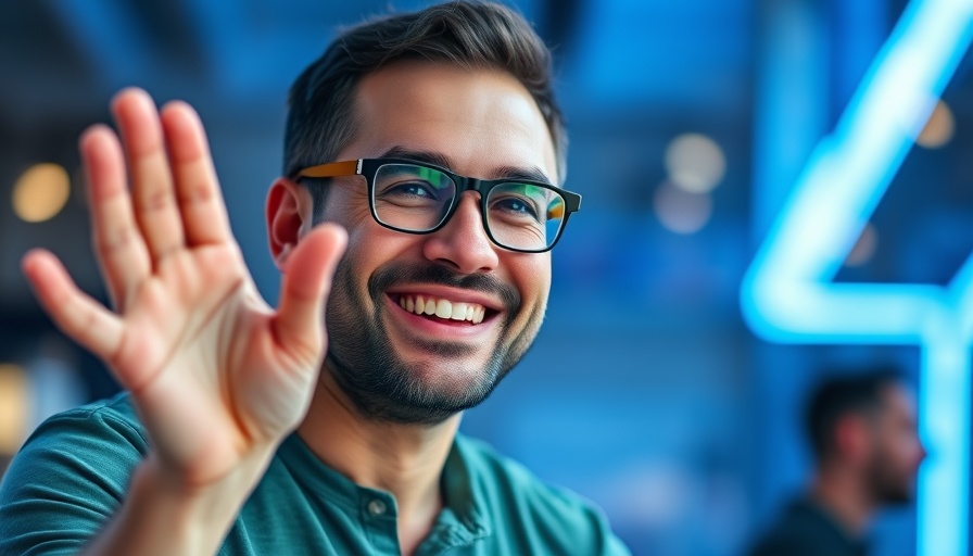 Man gesturing with a smile in front of neon light