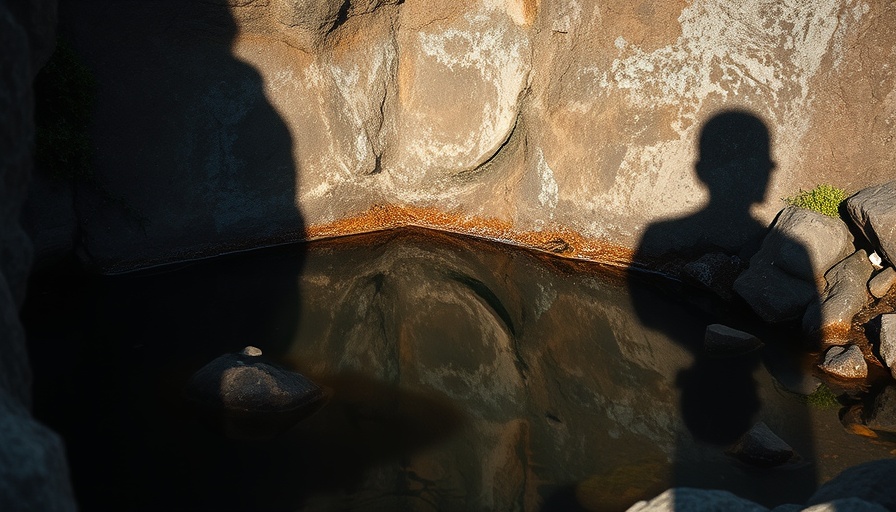 Shadow reflection of a man in a rock pool, introspective mood.