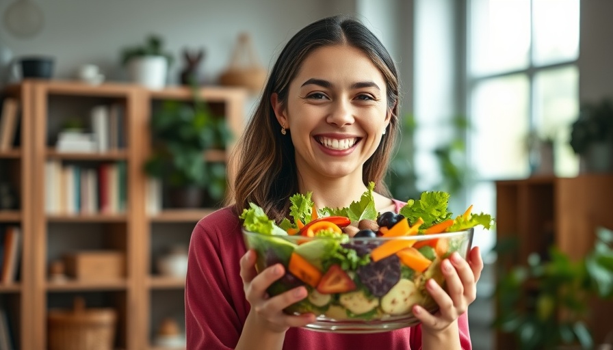 Smiling woman with salad bowl, high volume low calorie recipes.