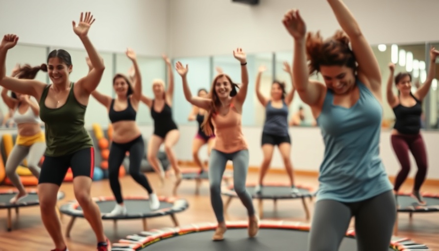 Dynamic mini-trampoline workout session in gym setting.