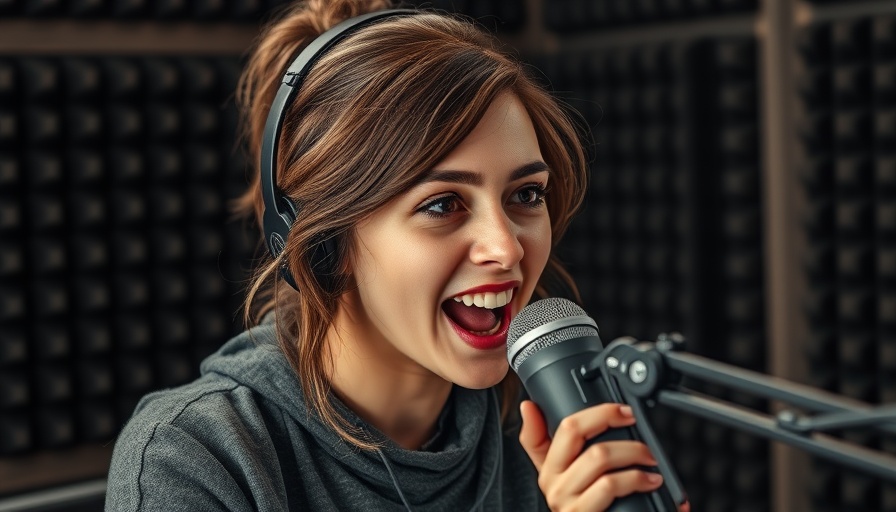 An enthusiastic woman discussing 'Finding the Right Surgeon' on a podcast.