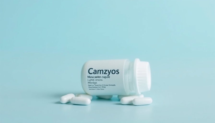 Mavacamten bottle labeled Camzyos against light blue background.