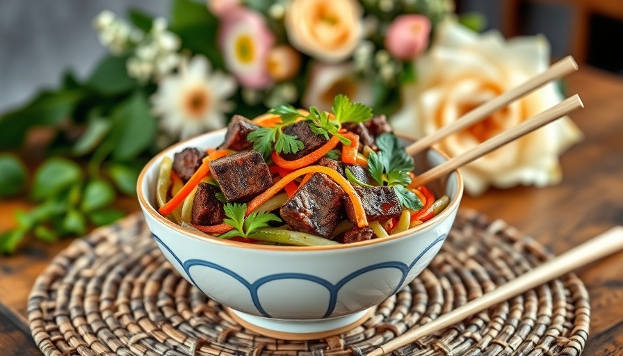 Delicious Thai Bison and Vegetable Bowls with chopsticks on woven mat.