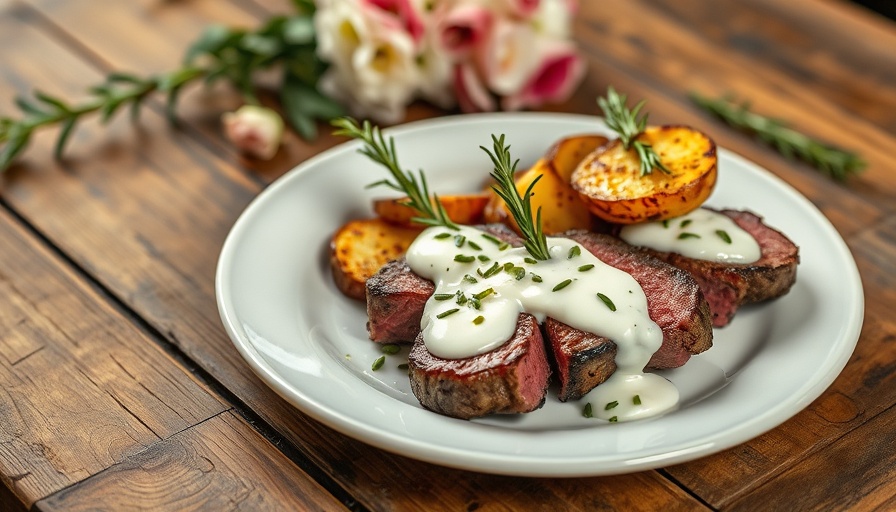 Bison steaks with caper-lemon buffalo yogurt sauce elegantly presented.