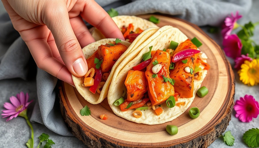 Vibrant Kung Pao Salmon Tacos on wooden board with flowers.