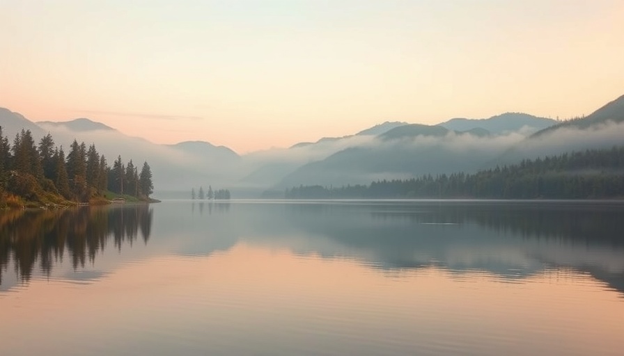 Serene mountain lake at sunrise with misty reflections in tranquil setting.