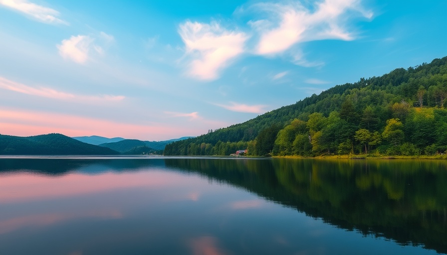 Serene lake with reflections, tranquil morning light.