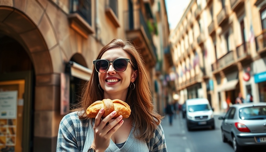 Woman enjoying gluten-free pastry on Barcelona street during food tour.