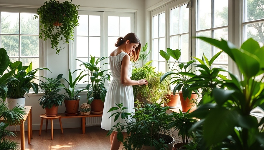 Woman practicing health advice by watering indoor plants in a bright room.