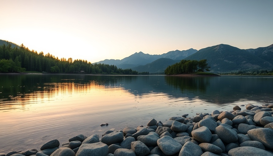 Peaceful lakeside at sunrise with trees and mountains reflecting.