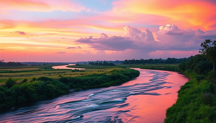 Serene river landscape at sunset with colorful sky, Drugmakers Manipulate Your Health.