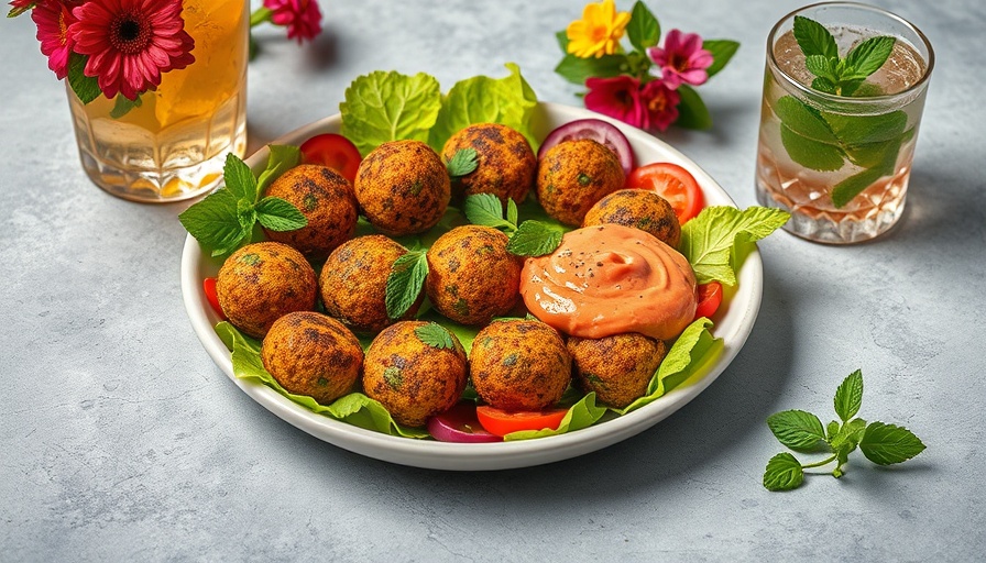 Healthy Grilled Falafel Salad with dip and garnishes on a tabletop.