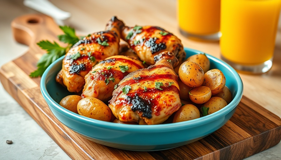 Harissa chicken recipe with potatoes and orange juice displayed elegantly.