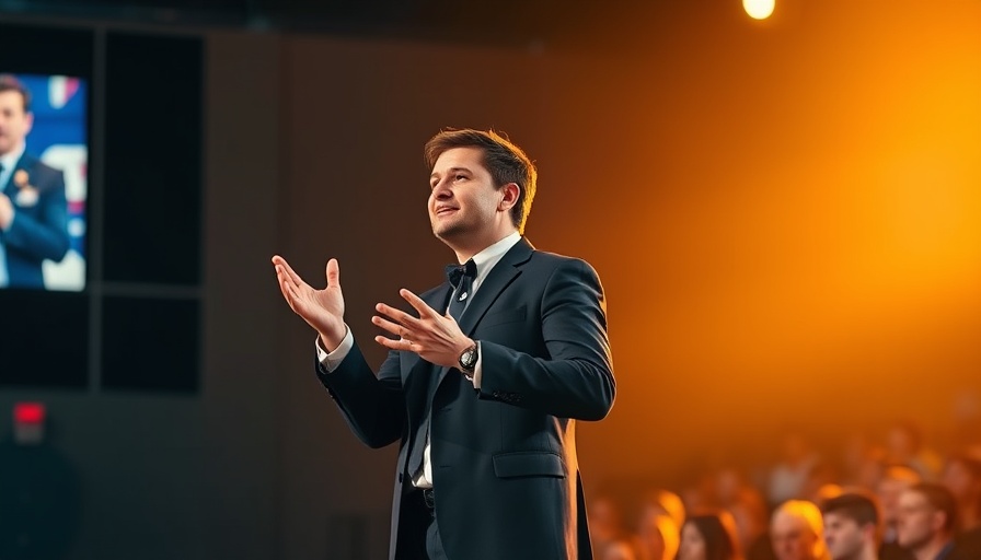 Energetic presenter at a conference with illuminated stage.