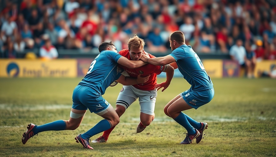Intense rugby tackle action highlighting dementia risk in rugby players.