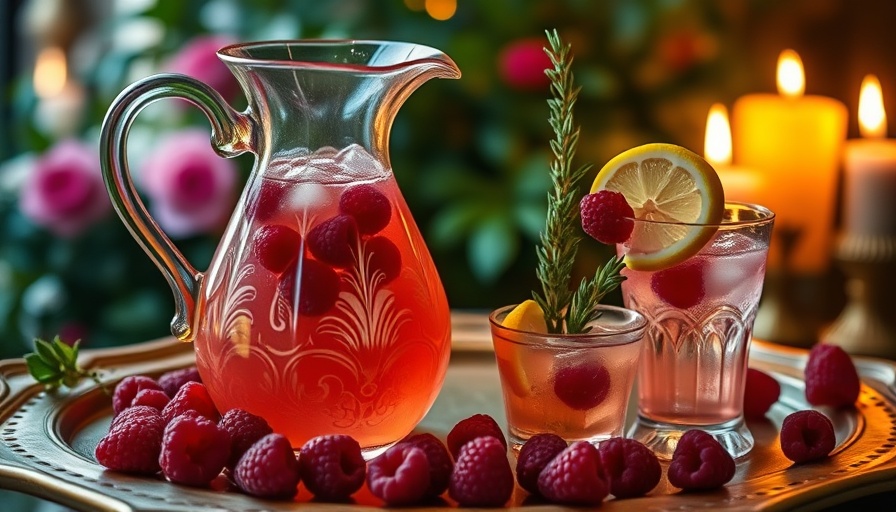 Elegant pitcher of sparkling raspberry thyme lemonade on a golden tray.