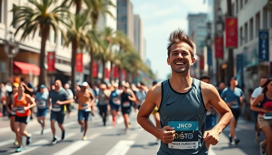 Fitness enthusiast in marathon, urban scenery, vibrant energy.