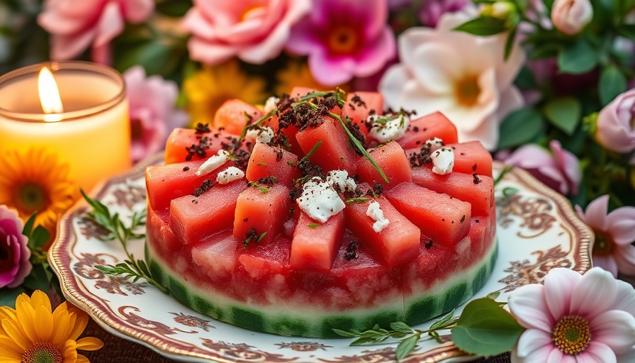 Watermelon tartar recipe with elegant plating and floral decor.
