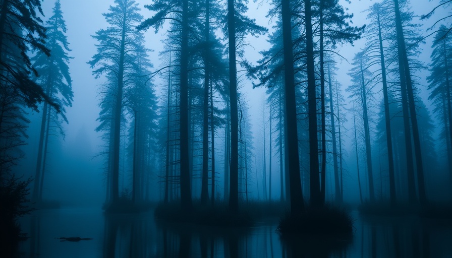 Serene twilight forest with mist and river reflections.