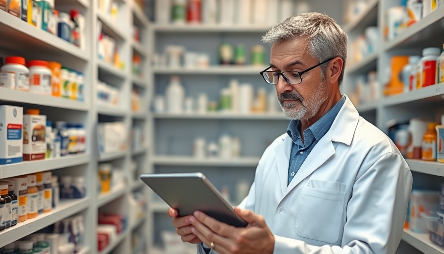 Pharmacist checking medication supply in pharmacy amid NHS medicine shortages.