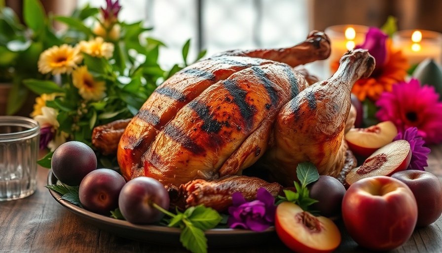 Grilled spatchcocked chicken with fruit and flowers, candlelit setting.