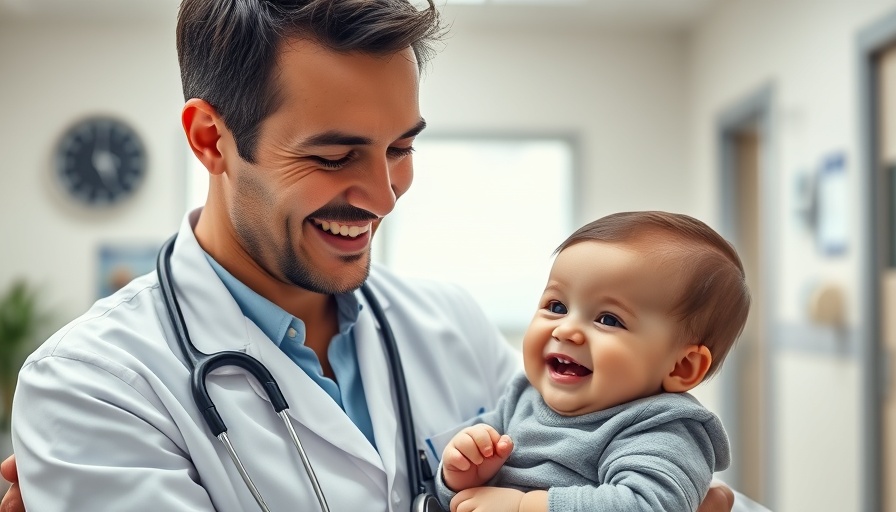Smiling doctor with baby patient in clinic, highlighting Ontario Family Physician Workforce Decline.