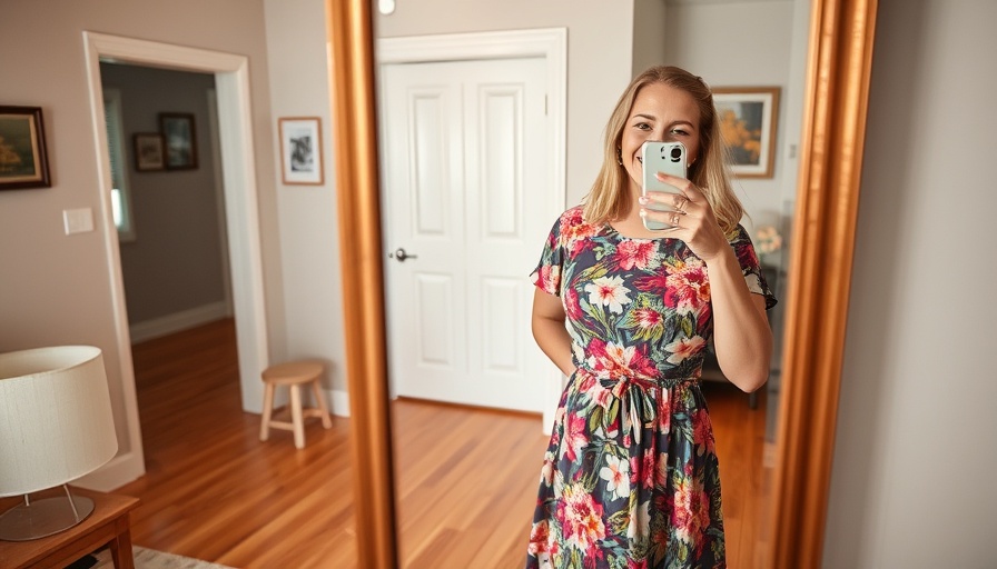 Cheerful woman in floral dress taking mirror selfie at home.