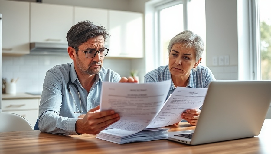 Worried couple reviewing medical bills at kitchen table, highlighting health care costs in America.