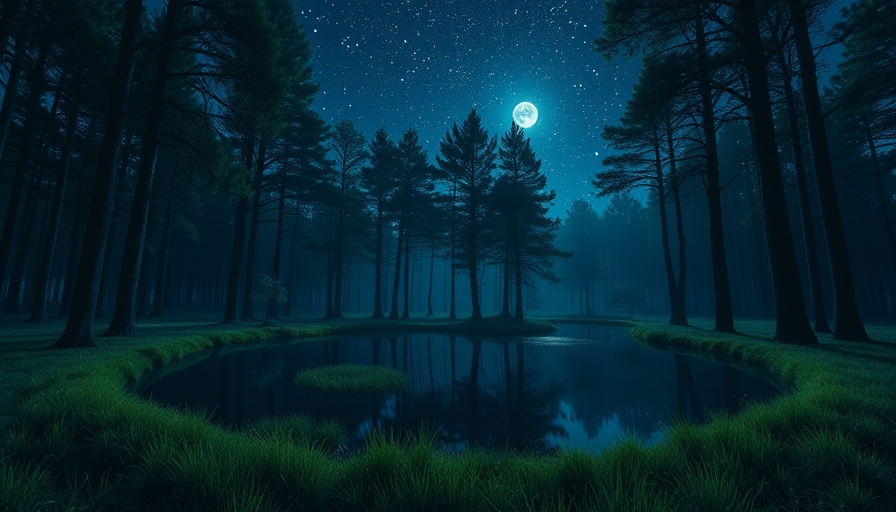 Serene night forest reflecting on pond under stars.