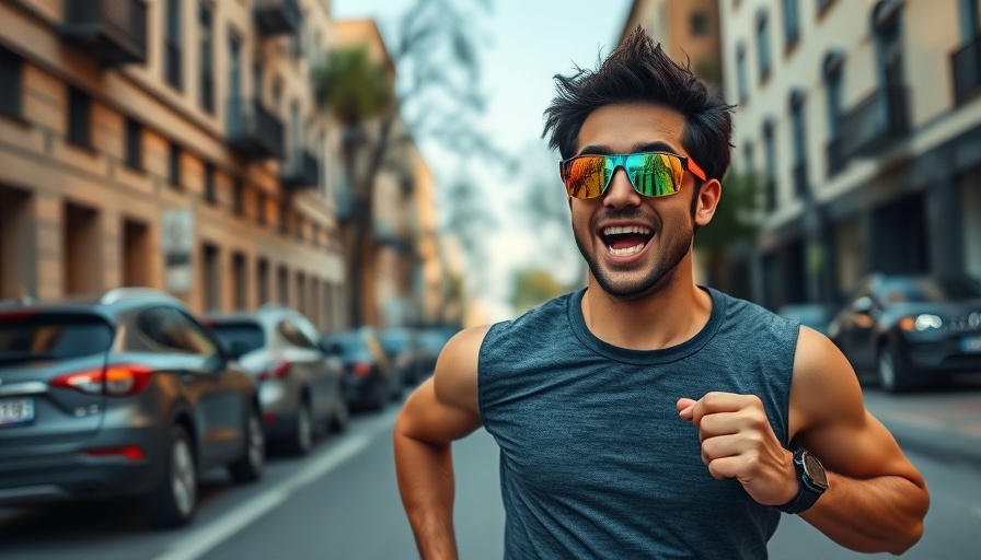 Excited jogger in colorful glasses jogging on a city street, posture-correcting activewear.