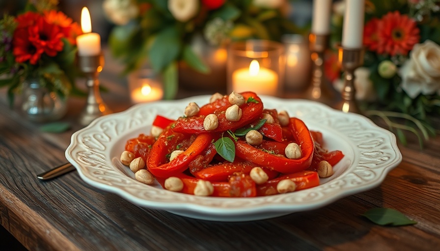 Roasted Red Pepper Salad with Hazelnuts elegantly displayed on ornate plate.