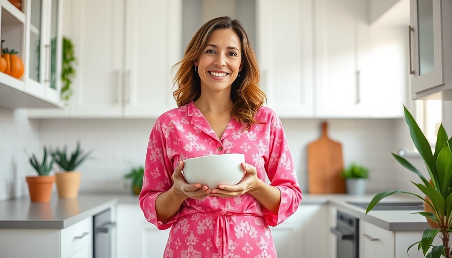 Smiling woman in a bright kitchen holding a bowl, promoting healthy lifestyle.