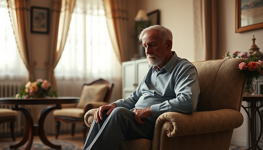 Elderly man with cane in warm living room, Sit and Rise Test focus.