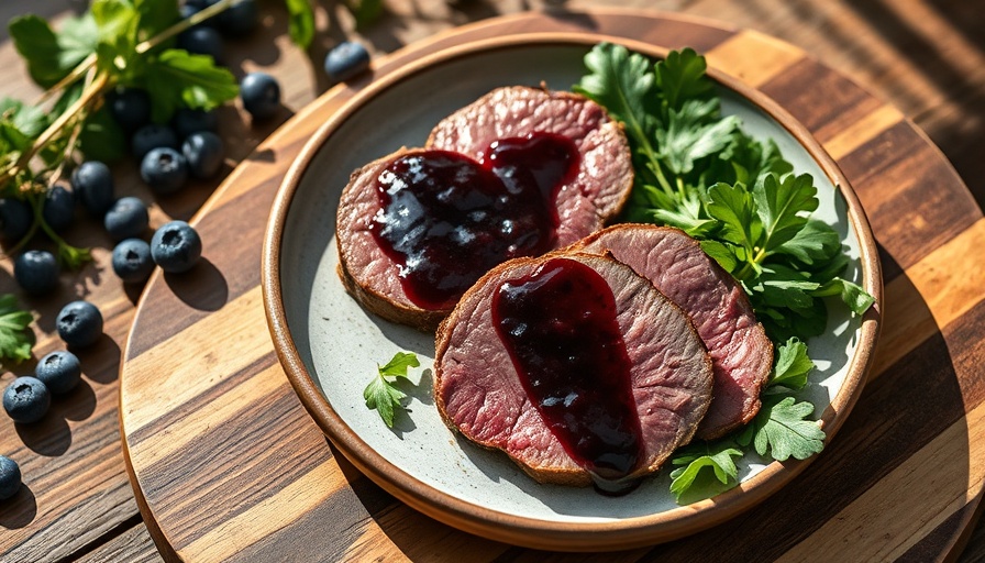 Gourmet duck breast with wild ginger and blueberry sauce on a rustic board.