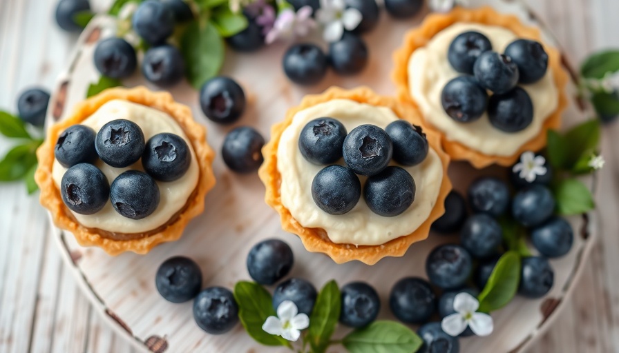 Elegant blueberry tarts with fresh blueberries and flowers on white board.