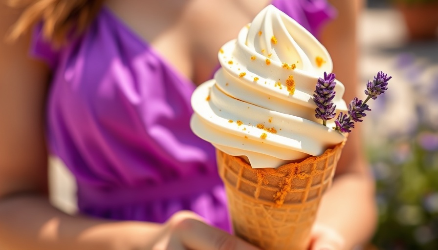 Lavender honey bee pollen ice cream in cone with purple dress.