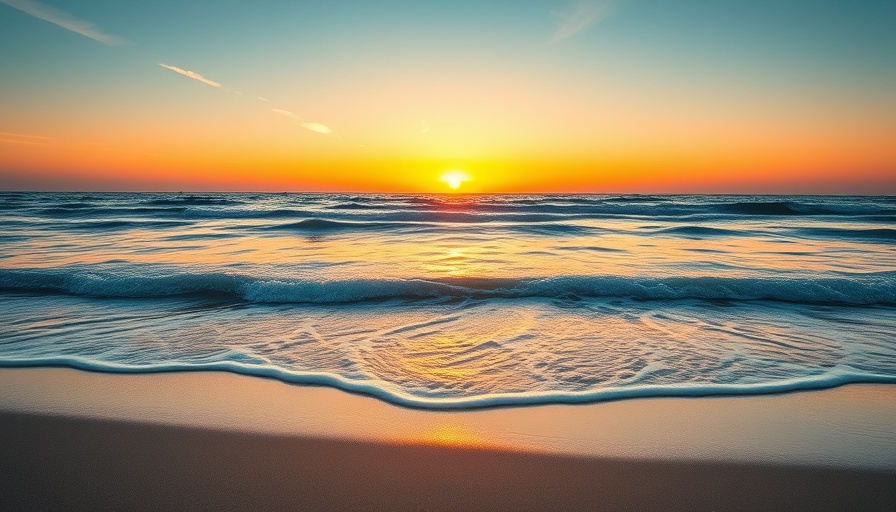 Serene beach sunset evoking health and wellness with calming waves.