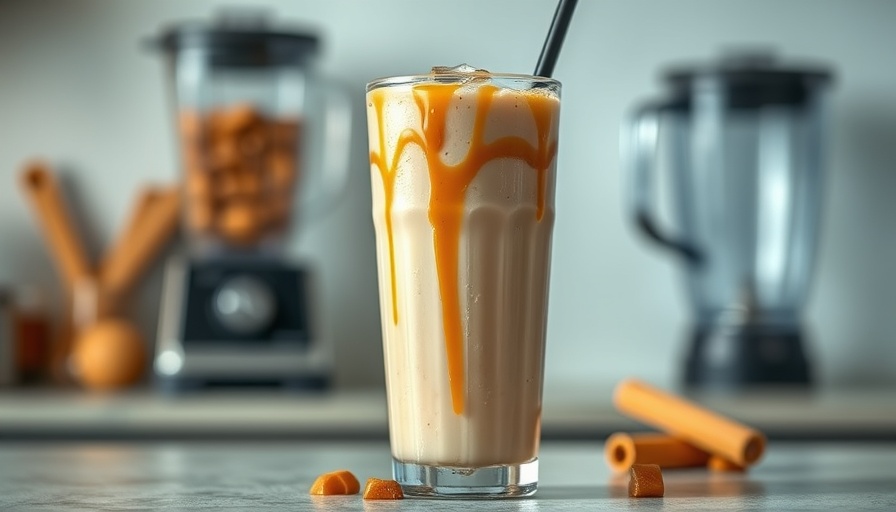 Caramel Iced Coffee Protein Shake in a glass in a modern kitchen setting.