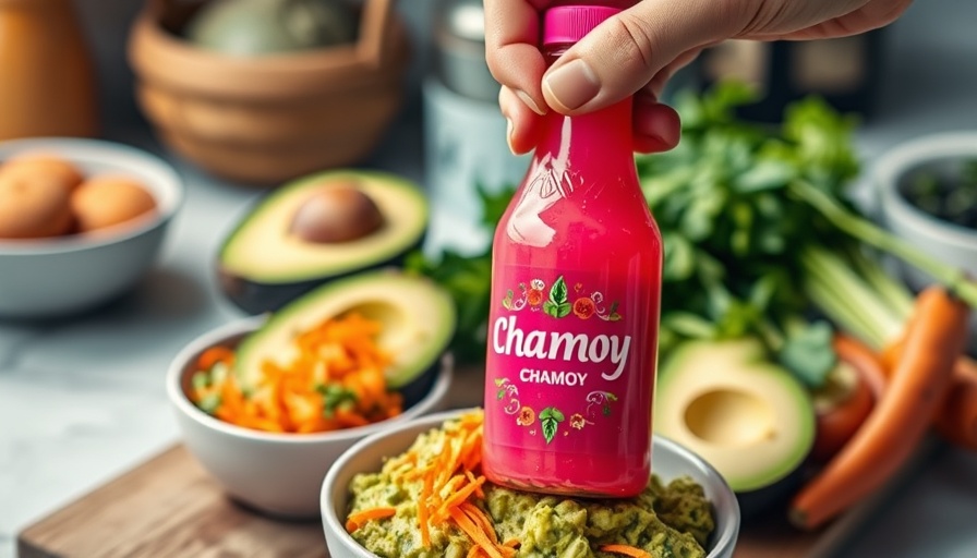 Colorful chamoy sauce bottle over fresh guacamole and carrots