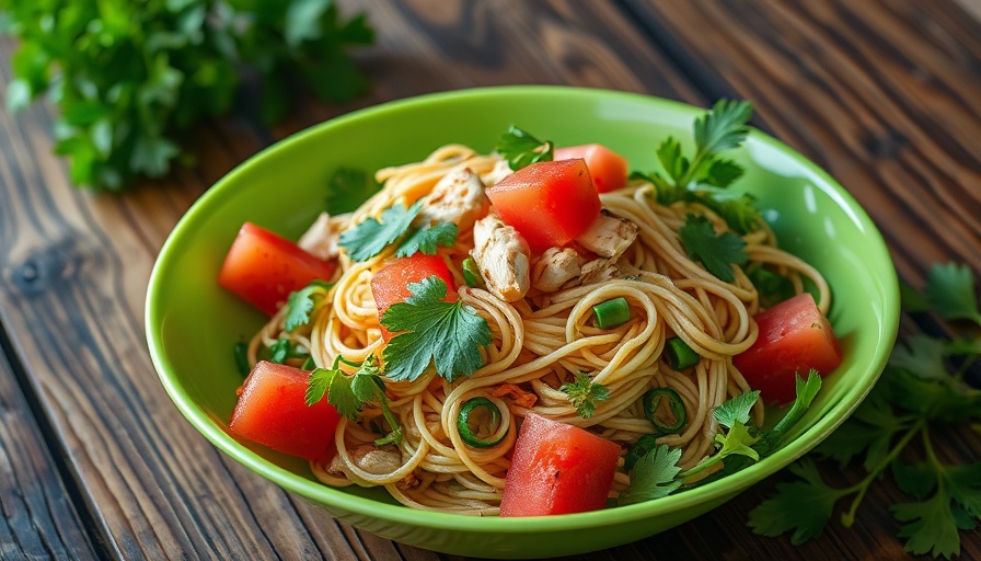 Thai-inspired chicken noodle watermelon salad with fresh herbs.