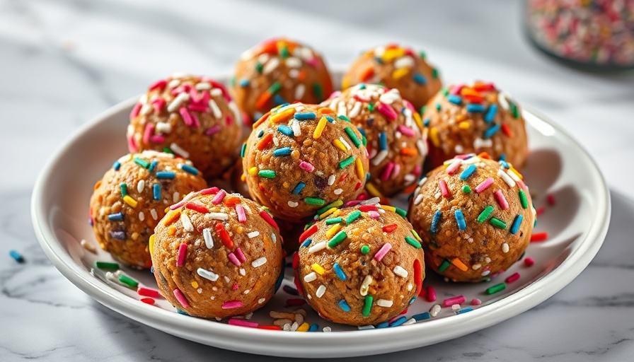 Colorful birthday cake batter protein balls with sprinkles on a plate.