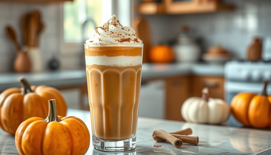 Pumpkin spice protein coffee shake on a kitchen counter.
