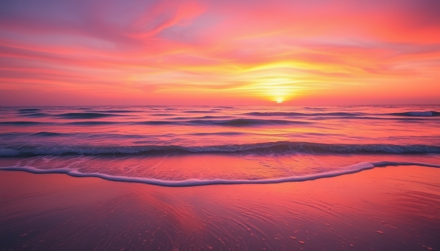 Serene beach sunrise with vibrant colors and gentle waves