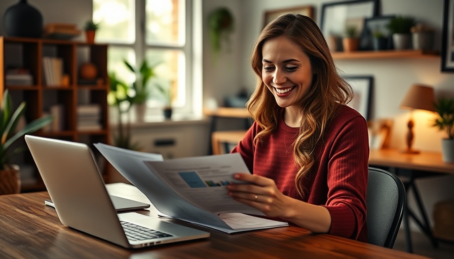 Woman using remote work tips to review documents at home.